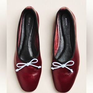 Maeve Burgundy Leather Ballet Flats with White Bow Trim
